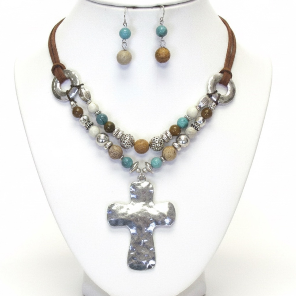 Womens  Hammered Metal Cross Beaded Cord Necklace‎ Earring Set